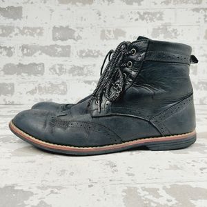 Kunsto Brogue Wingtip Black Leather Lace High Top Chukka Boots Shoes W586